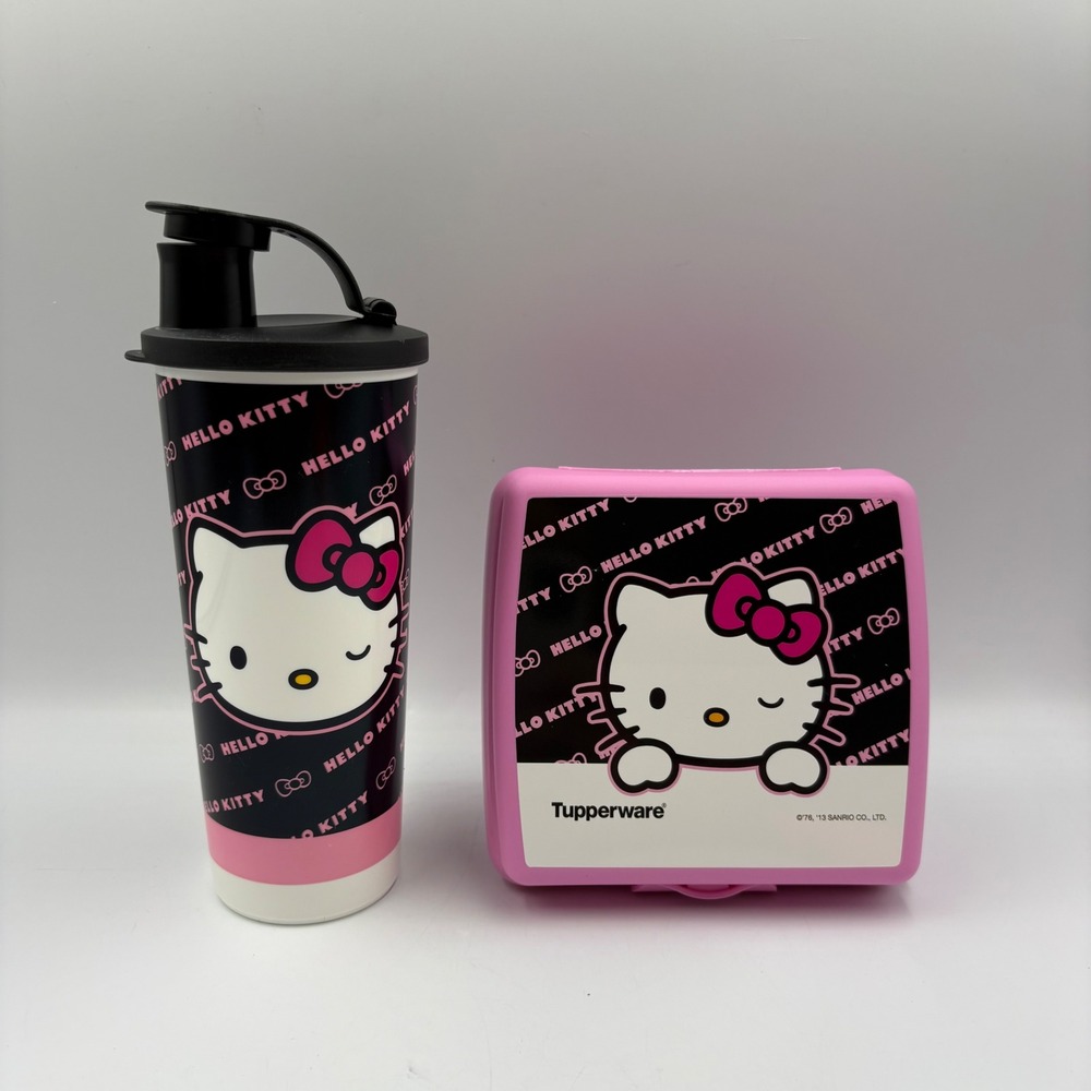 Tupperware Hello Kitty Tumbler Lunch Box Set Kids Pink Black Wink Graphic